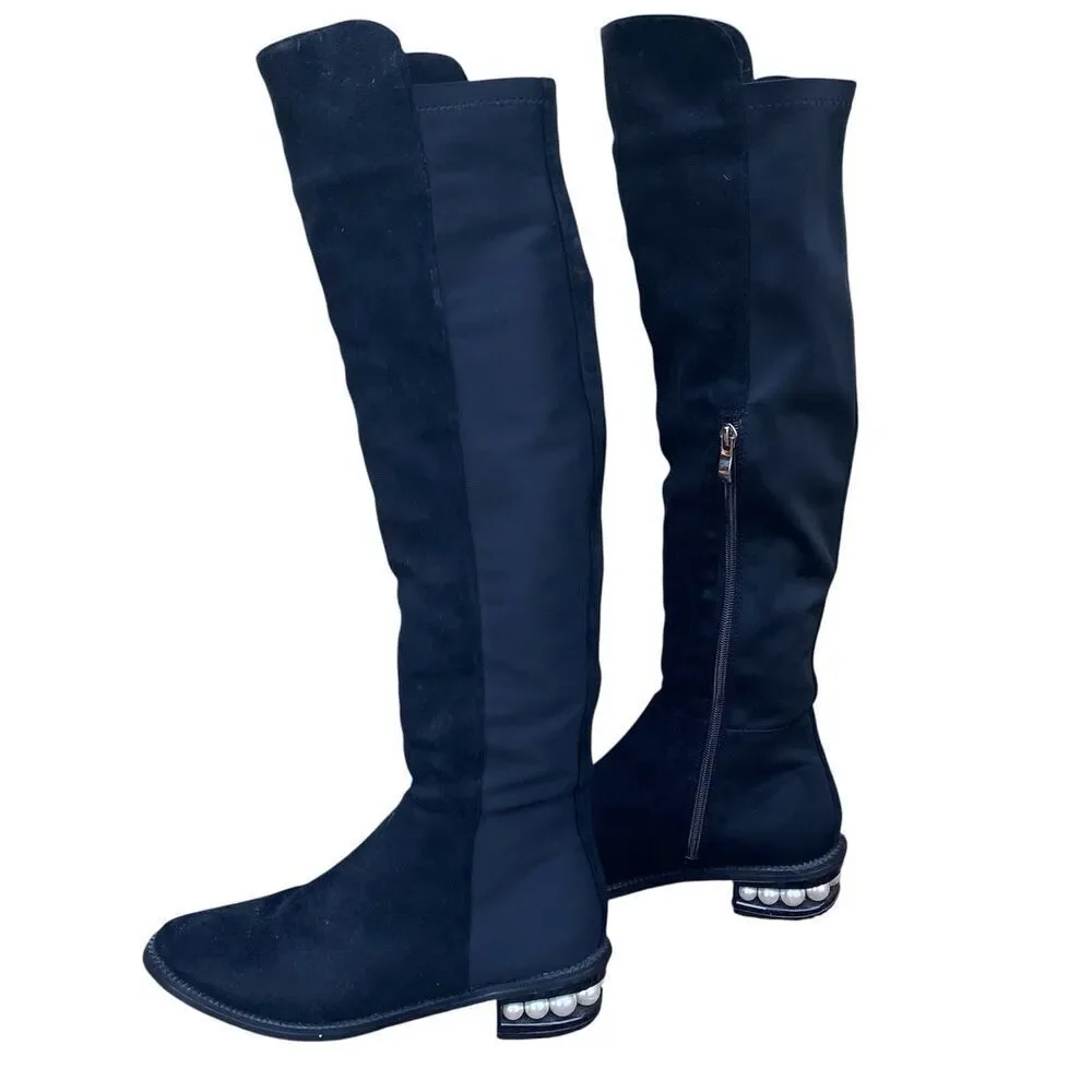 CATHERINE MALANDRINO Black Vegan Suede Over the Knee Pearl Heel Boot 7.5